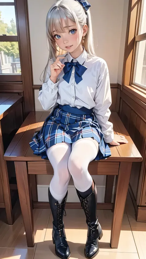 masterpiece, best quality, {best quality}, {{masterpiece}}, {high resolution}, girl，student，Uniforms，jk ，blue plaid skirt，white hair，cute，1girl，Small black boots，white pantyhose，beauty，big blue eyes