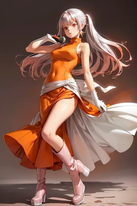  best quality, highest resolution,((( orange clothes　 One Piece Dress　 long skirt　Silver Boots　White opera gloves　Dark pink hair　sweat)))  Metal Max 2 Reloaded　 long twin tails　Red Eye　wilderness　desert　Hand held microphone