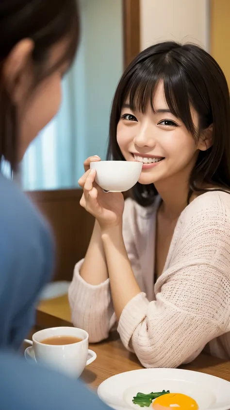 A busy morning, a  eating breakfast with a smile, a Japanese woman smiling in the mirror