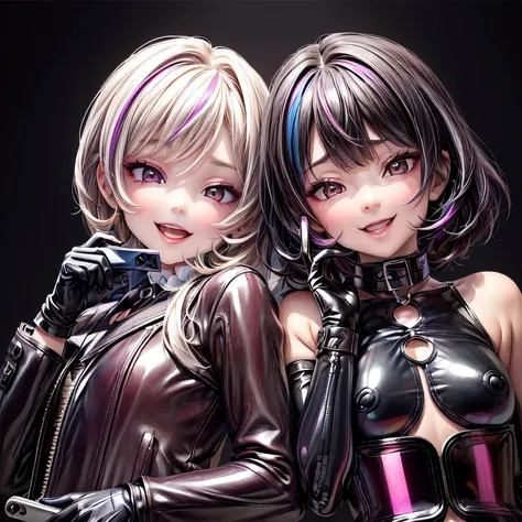 (kawaii), (evil valley girls), (under teen:1.4), (long leather coat:1.5), (two girls:1.6), (couple:1.6), (shiny latex lingerie:1.2), (leather gloves:1.5), (holding a smart_phone in each hand:1.5), (upper body), collar, (jewelry), colorful, (anime face:1.2)...