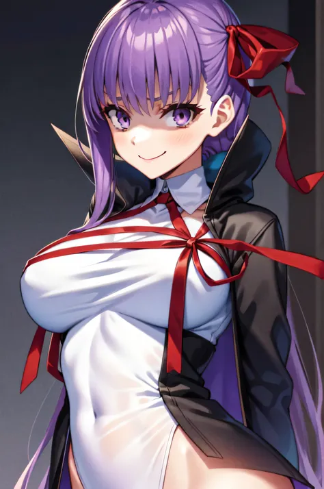 isoscale, mid shot,  night, ,,, purple hair, black jacket, , red ribbon, big breasts, purple eyes, white gloves, long hair, larg...