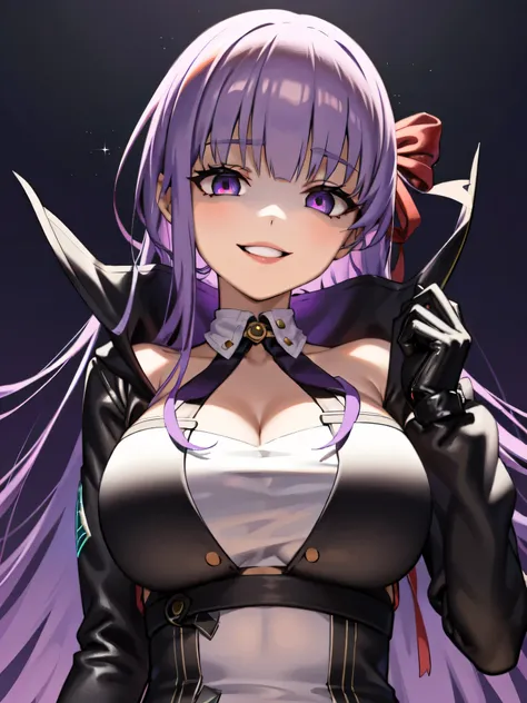 isoscale, mid shot,  night, ,,, purple hair, black jacket, , red ribbon, big breasts, purple eyes, white gloves, long hair, larg...