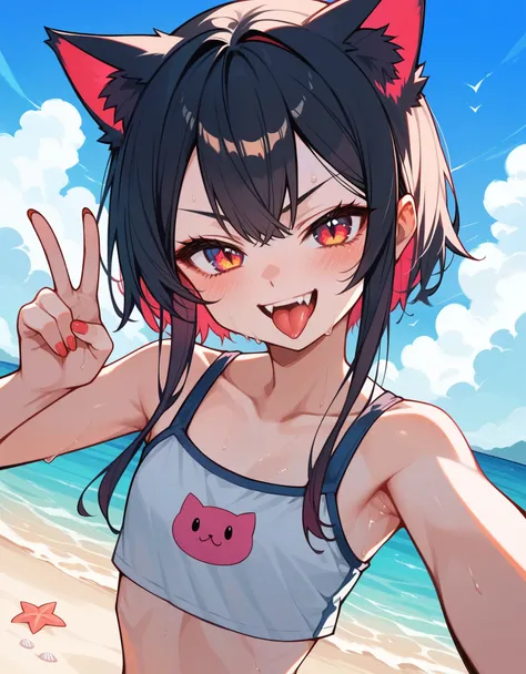 (Masterpiece), (best quality), (highest quality), Anime, selfie, Beach, 1girl, solo, young, (evil smirk), tongue out, fangs, cat girl, cute girl, best body, (v-shaped sign), blushing, sweaty, 4K, highest resolution, best upscale,