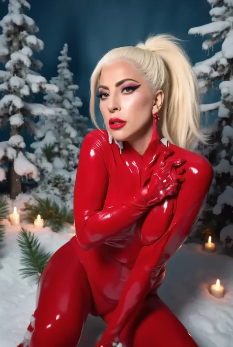 lady gaga in a red latex suit oops i did it again , christmas photoshoot