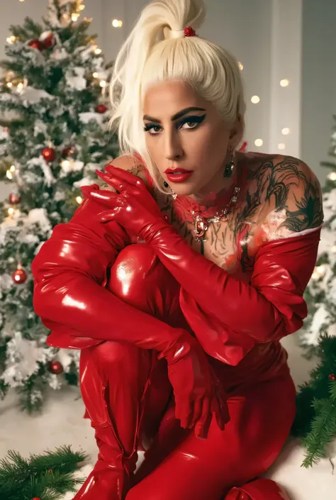 lady gaga in a red latex suit oops i did it again , christmas photoshoot