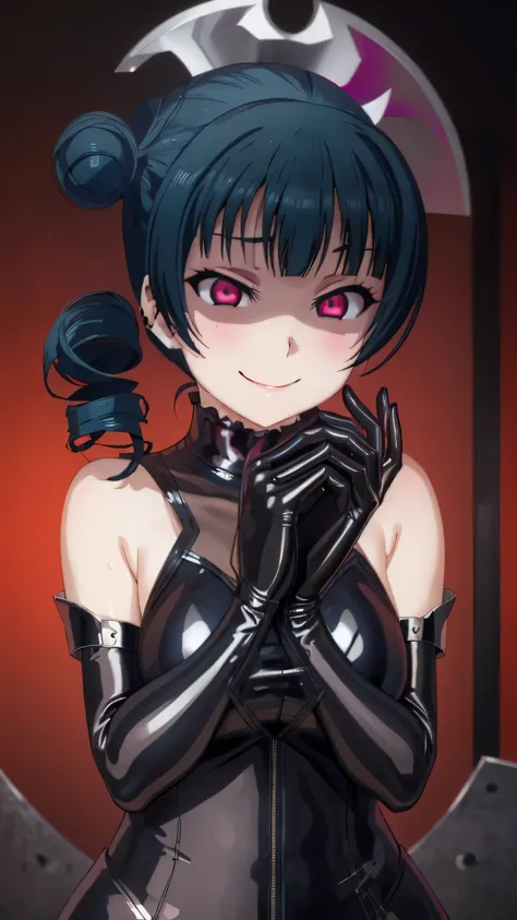 night、lovelive Black Background、Evil background、、Sensual dark light、A shiny black rubber suit that wraps around the body、tall、Upper Body、adult、、Alone、Navy blue hair twin tail drill Volumie、Upper Body、Evil female warrior、Fantasy、Condescending smile、Fallen i...