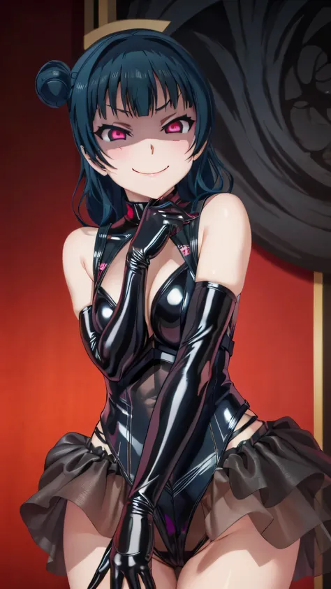 night、lovelive Black Background、Evil background、、Sensual dark light、A shiny black rubber suit that wraps around the body、tall、Upper Body、adult、、Alone、Navy blue hair twin tail drill Volumie、Upper Body、Evil female warrior、Fantasy、Condescending smile、Fallen i...