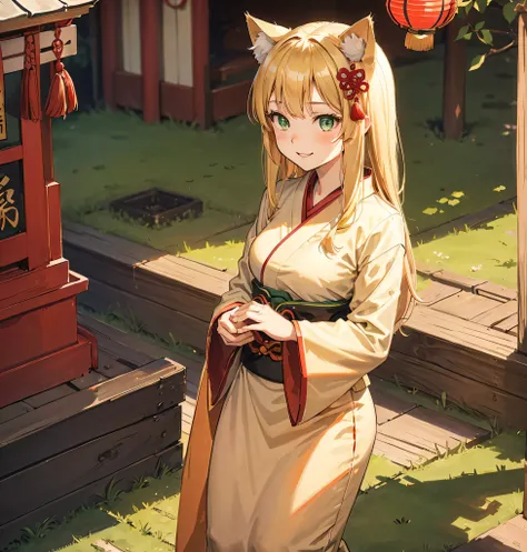 one girl with one cat, Long Hair, Big smile, blonde, Green Eyes, Shrine maiden, shrine,  high resolution model , Cat ears,  Look Down, 