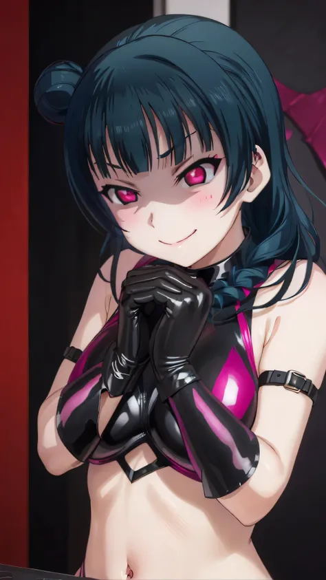 night、lovelive Black Background、Evil background、、Sensual dark light、A shiny black rubber suit that wraps around the body、tall、Upper Body、adult、、Alone、Navy blue hair twin tail drill Volumie、Upper Body、Evil female warrior、Fantasy、Condescending smile、Fallen i...