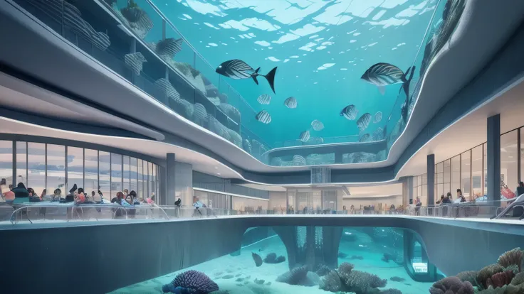 Create an underwater structure called the Aquamysta Building of the ACE. It is a massive, majestic building submerged beneath the water, with several interconnected structures forming a complex. The architecture is sleek and futuristic, with glowing blue a...