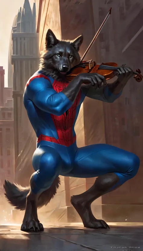 Black Wolf Knight Furry male anthropologist ñ, alone,  arrogant expression,  masterpiece, The best art, cuerpo entero, for taran violinist, detailed eyes,  detailed body, claws, high, top-less, Pecs,  Abdominals , Red and blue Spiderman Lycra costume ,  sq...