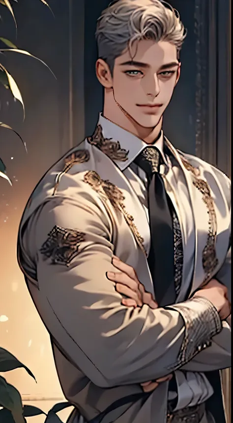 (Highest quality,4K,8K,High resolution,masterpiece:1.2),Super detailed,(Realistic,photoRealistic,photo-Realistic:1.37),1 person,34 years old,Mature Men,Beautiful skin、very handsome,Expressionless smile in love,Short white hair,green eyes,Sharp Eyes,A perfe...