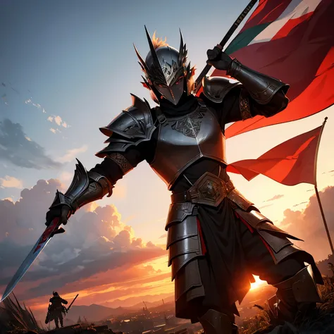 A man wearing war armor holds a sword and an Indonesian national flag ,he was on top of the hill  ,behind him a city burned by war , the atmosphere of the sunset 