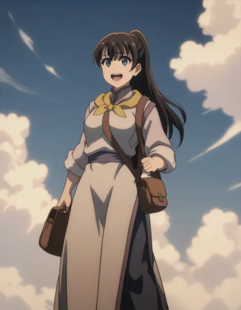 score_9, score_8_up, score_7_up, gsfghtr, multicolored robe, neckerchief, 1girl, bright, best lighting, smile, open mouth, shy, standing on cloud, blue sky, ((bright afternoon)), sling bag slung across chest
