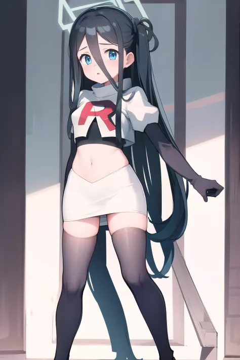 arisdef, (very long hair:1.1), team rocket,team rocket uniform,white skirt,red letter R,crop top,black thigh-highs,black elbow gloves, masterpiece, best quality, highres, 