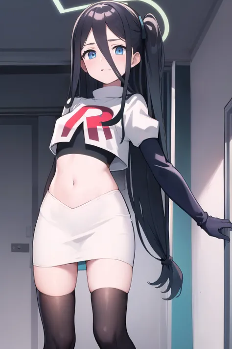 arisdef, (very long hair:1.1), team rocket,team rocket uniform,white skirt,red letter R,crop top,black thigh-highs,black elbow gloves, masterpiece, best quality, highres, 