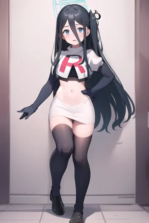 arisdef, (very long hair:1.1), team rocket,team rocket uniform,white skirt,red letter R,crop top,black thigh-highs,black elbow gloves, masterpiece, best quality, highres, 