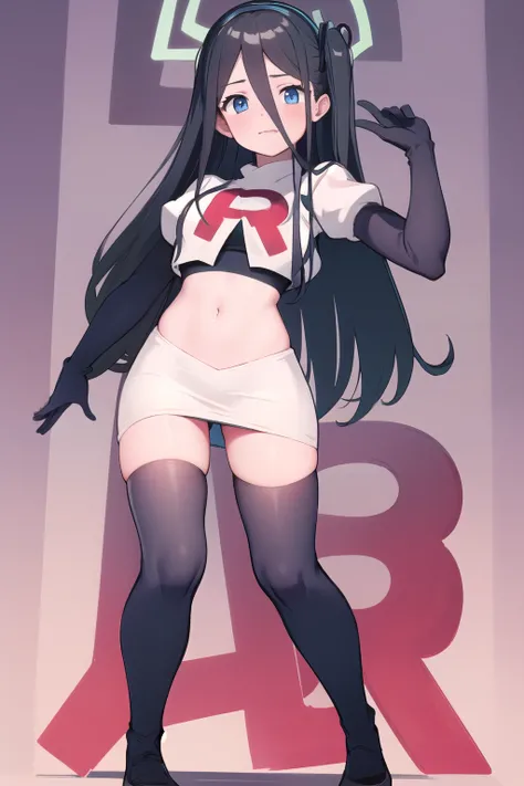 arisdef, (very long hair:1.1), team rocket,team rocket uniform,white skirt,red letter R,crop top,black thigh-highs,black elbow gloves, masterpiece, best quality, highres, 