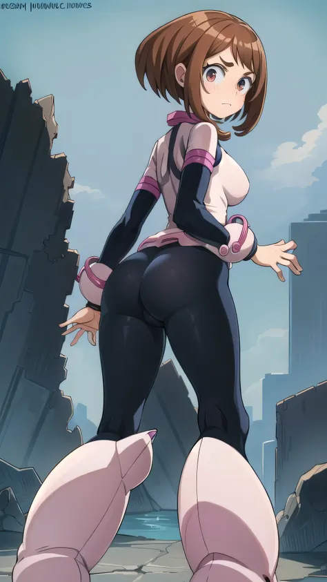 masterpiece, best quality, highres, hmochako, blush stickers, short hair, medium breasts, superhero, bodysuit, boots, ruins, building, (), (ass facing viewer) (camel toe very obvious) (vagina bulge) (ass facing viewer) (ass focus) (looking flustered) (cute...