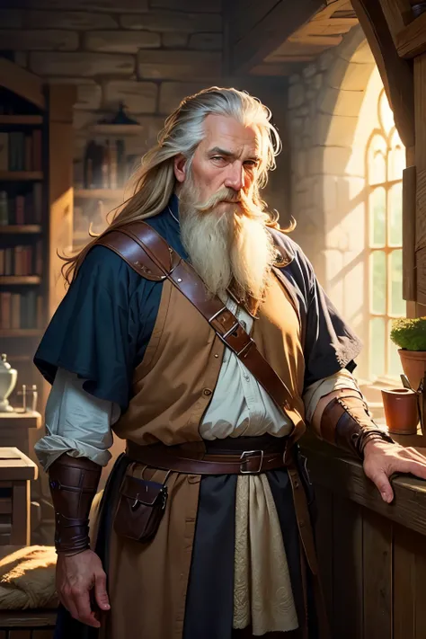 ((best quality)), ((masterpiece)), (detailed), 1male homem ranger JRR Tolkien ,long beard ,medieval , messy hair  , 40-year-old man, old man,Medieval wise , 