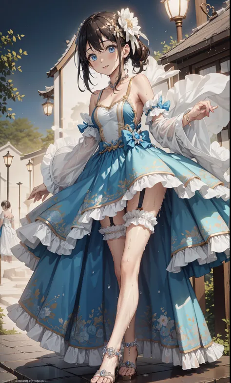 high quality， best resolution，(wet princess dress ）， very detailed ,   she has a pair of white ponytails， young woman ，charm，int...