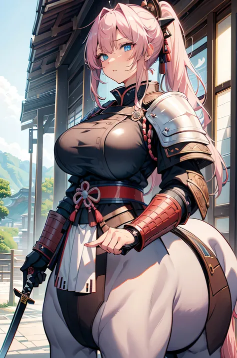 4K, high definition ,One Woman,Centaur,white-pink hair, long ponytail,blue eyes, brown fur, huge boobs from afar,samurai,White Samurai Armor,Heavy Armor, Full Armor, White Armor Gloves,Bracelet, Japanese Knife ,Jewelry decoration, Medieval European Towns 