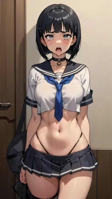 anime,EFT_Sao_Sis,(thigh-up shot),(screaming:1.5,crying:1.2,empty eye),out tongue,(black hair,bob cut,straight bang:1.3), ((choker, short-sleeved sailor blouse,gray sailor collar,gray sailor necktie,low-rise micro pleated skirt)),big breasts,(toned body:1....