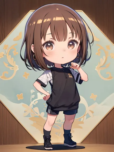 (((Chibi)))  1 girl、Brown eyes、( short brown hair)、( short brown hair cacheado)、 black jersey 、 shorts curto 、 gold hoop earrings、Line art、 best quality、 maximum details、better art 、Best Color、Full HD、Artwork、Illustration、 Standing Alone 、Good anatomy