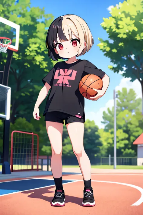 A young Loli girl, short split color hair one side black and the other side light blonde. Red eyes, wearing black running shorts and a oversized pink shirt, outside on a sunny day at a playground, holding a basketball
