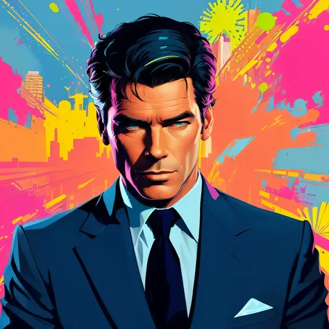 a close up of a man in a suit and tie with a city in the background, colourful movie art, gta vice city style art, pierce brosnan as james bond, in style of digital illustration, vector art style, martin ansin artwork portrait, gta vice city art style, sty...