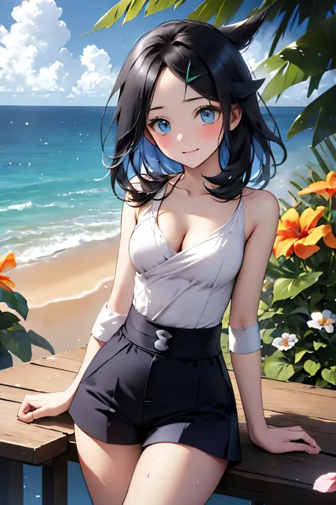 (((Leg spread))), Detailed depiction of nipples, cleavage  , cute, (masterpiece,  best quality,  8K ultra-high resolution :1.4), ((Pokemon Rico )), (tropical,  beachside, flower: 1.4),  Written Boundary Depth, Film focus,  angle from below,  sitting, Emoti...