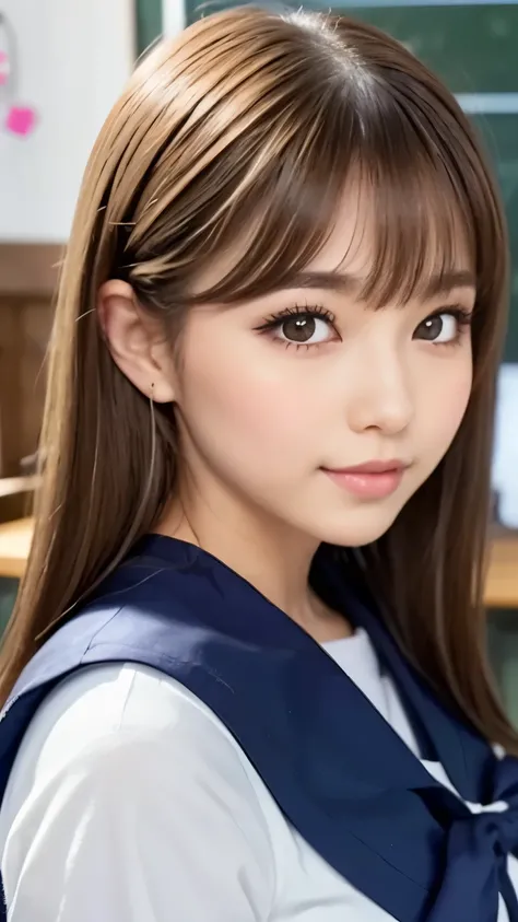 ((a high school girl in a sailor uniform)), 1girl, beautiful detailed eyes, beautiful detailed lips, extremely detailed eyes and face, long eyelashes, beautiful young woman, high school student, small smile, (((school classroom background))), brown hair, l...