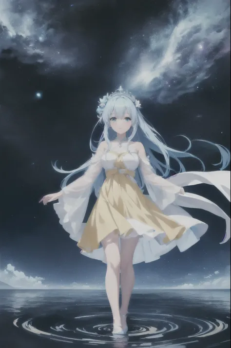 An anime girl wears a yellow dress、Standing in the water with blue hair, Ethereal Anime, White-haired goddess,  anime girl with space hair ,  cute anime wife standing in the water with blue hair in a nice dress, Anime Goddess,  Beautiful fantasy anime ,  A...