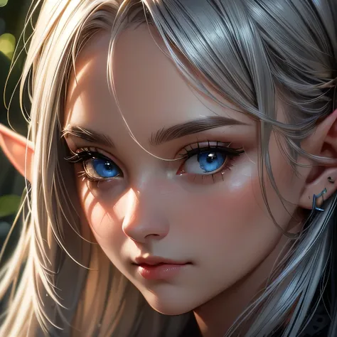 Best Quality, Masterpiece, and its Detailed Ultra HD CG, High Resolution, 8k, Elf Portrait, drawing female elf, beautiful face, silver hair, face shot, (((close up view of the face))), looking at the viewer, ultra detailed, 4k, forest background, head shot...