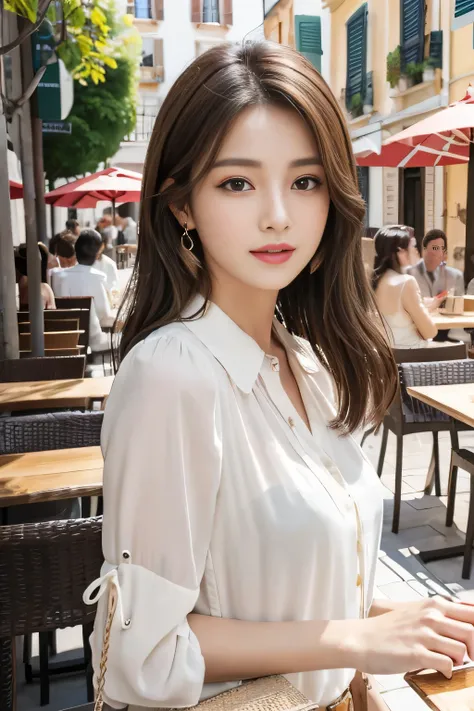 masterpiece、 best quality、Genuine、 Very detailed、Subtle details、 high definition 、8k wallpaper、 Beautiful Women、Wear a nice blouse、 on a nice cafe terrace、noon、 light brown tousled hair 、 perfect dynamic composition、 beautiful beautiful eyes、nice big earri...