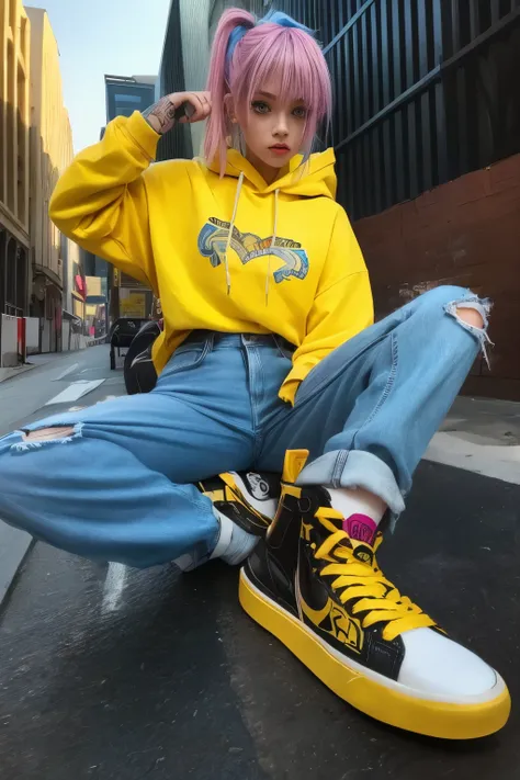 The most beautiful and sexy skateboard girl, rainbow colored hair, yellow eyes, wearing hoodie, graphic t-shirt, torn skinny jeans and highly detailed skateboard gear, tons of tattoos and piercings, highly detailed background, perfect masterpiece, high qua...