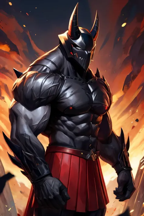 A muscular monster wearing a black helmet with two black horns wearing a black and red denim skirt outfit