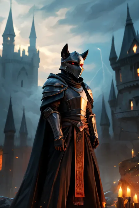 man, knight, red eyes behind the mask, big heavy black armor with golden parts, fur cape, evening, castle on background, atmospheric, mist, best quality masterpiece, photorealistic, detailed, 8k, HDR, shallow depth of field, broad light, high contrast, bac...