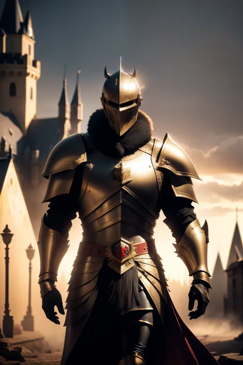 man, knight, red eyes behind the mask, big heavy black armor with golden parts, fur cape, evening, castle on background, atmospheric, mist, best quality masterpiece, photorealistic, detailed, 8k, HDR, shallow depth of field, broad light, high contrast, bac...