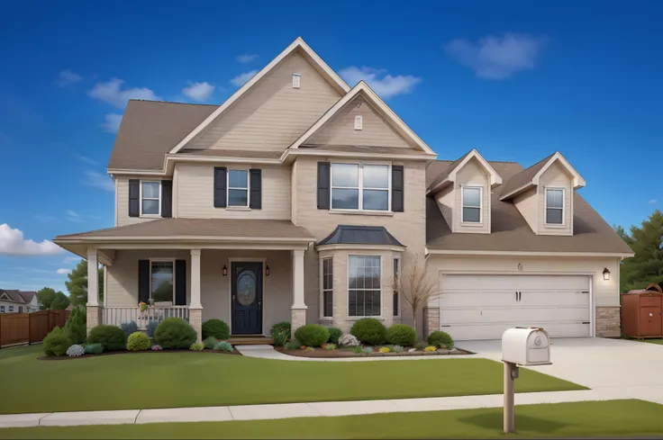 a close up of a house with a mailbox in front of it, suburban home, residential, in front of a two story house, detailed photo, exterior shot, photo of a beautiful, beautiful image, peaceful suburban scene, white plank siding, exterior, front facing!!!, ph...