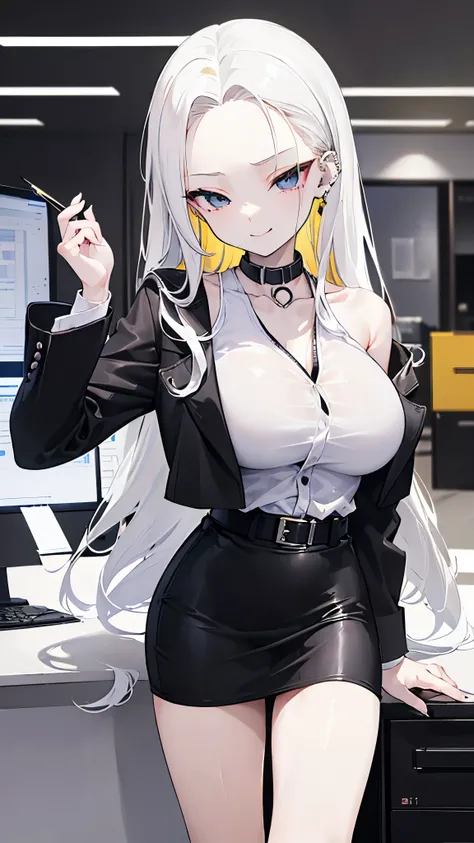 ((masterpiece、 best quality、 Very detailed))、 one girl、Yellow Hair、 long hair、((bold、slicked back))、forehead、 gray eyes、evil smile、((lots of piercing))、(( Big Breasts ))、(( white collared shirt ))、((clavicle))、((black suit jacket))、((black pencil skirt))、(...