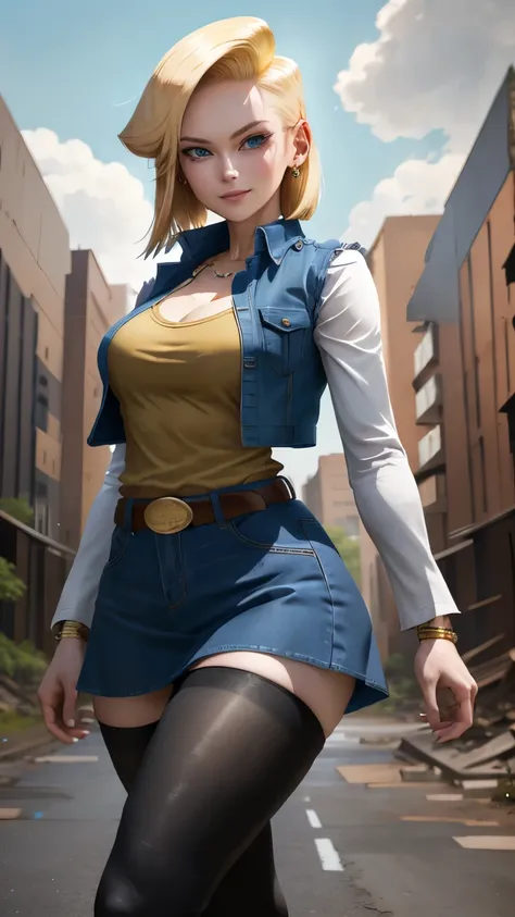 best quality, high-res, and18, 1girl, android 18, solo, blonde hair, blue eyes, belt, blue demin bodycon skirt, gold necklace, b...