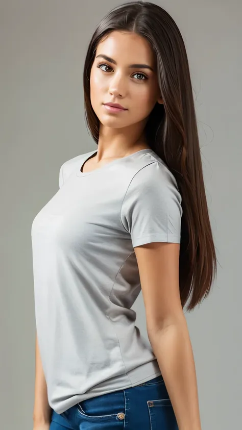 a full-body hyper-realistic image of a female model, 25 years old, fair skin, long straight brown hair, wearing a plain white fi...