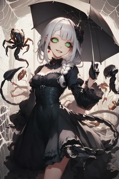 Scorpion girl. Black gothic dress. Scorpion tail. Crustacean. Parasol. Silver hair. Horror eyes. Single braid. Crustacean left hand. Black gloves. Spider eyes in her hair. Dripping green mucus.