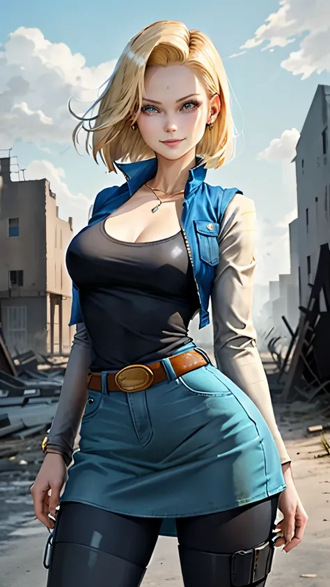 best quality, high-res, and18, 1girl, android 18, solo, blonde hair, blue eyes, belt, blue demin bodycon skirt, gold necklace, black shirt, short hair, long sleeves, striped sleeves, earrings, open vest, blue denim vest, large breasts, cowboy shot, forest,...