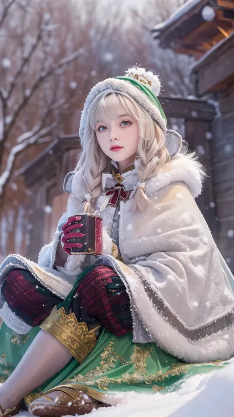 ((Works of masters))，( Ultra High Resolution )，1 girl, Sitting, Lolita costume，cloak (Snow, Outdoor activities in winter:1.2),Outside the castle，8k，Detailed details，mirth，