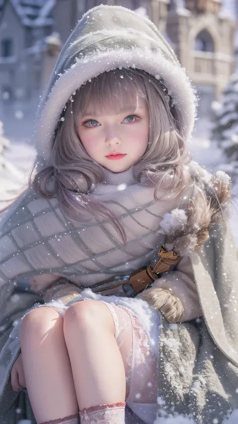 ((Works of masters))，( Ultra High Resolution )，1 girl, Sitting, Lolita costume，cloak (Snow, Outdoor activities in winter:1.2),Outside the castle，8k，Detailed details，mirth，