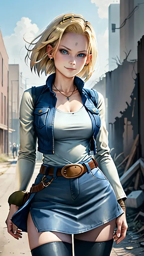 best quality, high-res, and18, 1girl, android 18, solo, blonde hair, blue eyes, belt, blue demin bodycon skirt, gold necklace, black shirt, short hair, long sleeves, striped sleeves, earrings, open vest, blue denim vest, large breasts, cowboy shot, forest,...