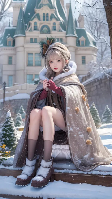 ((Works of masters))，( Ultra High Resolution )，1 girl, Sitting, Lolita costume，cloak (Snow, Outdoor activities in winter:1.2),Outside the castle，8k，Detailed details，mirth，