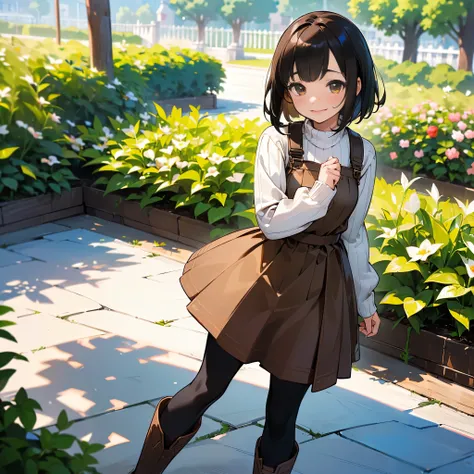 ( High Quality ,  high definition , Very detailed, reality:1.37), Peaceful atmosphere, (Outdoor, garden),  teenage girl standing alone,  Beautiful details,  cute smile with blush, (Black Bob), Ribbed sweater,Brown skirt, Black tights,  brown boots .